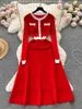 Basic Casual Dresses Red Long Knitted Fresh 2024 Spring/Summer Womens Design Color Blocking Temperature Ultra Thin Fit Full Sleeve Sweater Z4867 J240130