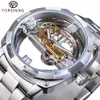 Forsining Men Transparent Design Mechanical Watch Automatic Silver Square Golden Gear Skeleton Stainless Steel Belts Clock Saati Y227n