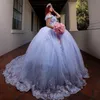 Mexican Sky Blue Off the Shoulder Quinceanera Dresses Applique Lace Beads Tull Vestidos XV 15 Anos Sweet 16 robe de soiree