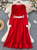Casual klänningar kvinnor lång stickad röd tröja klänning höst vinter stickad veckad tjock jul pullover fest vestidos