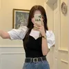 Kvinnors T-skjortor Kvinnor T-shirts Tube Top Stitching Two-Piece Sticked Short-Sleeved T-shirt Summer 2024 Female Puff Sleeve Mujer Camisetas