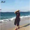 カジュアルドレスAnbenser Cherry Print Women半袖Vneck Long Dress Boho Style Split Maxi Largo Vestido Mujer