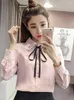 Kvinnor Bluses Women Spring Autumn Style Vintage Shirts Lady Casual Long Sleeve Turn-Down Collar Pink White Blusa Topps DF3089