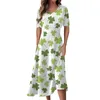 Freizeitkleider Damenmode St. Patrick's Day Print V-Ausschnitt Kurzarm Taille Langes Swingkleid