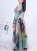 작업 드레스 GVUW 2024 가을 주름 세트 여성 슬림 프린팅 스탠드 칼라 긴 소매 탑 하이 스트리트 스커트 패션 파티 두 조각