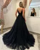 Illusie -jurklijn Een sexy zwarte prom kralenavond elegante riemen tule feestjurken voor speciale ocns belefen es jurk