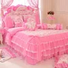 Korean style pink Lace bedspread bedding set king queen 4pcs princess duvet cover bed skirts bedclothes cotton home textile 201114256O