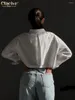 女性用ブラウスクレイシブファッションラペル長袖ブラウスセクシーな白いクロップシャツストリートウェアコットンポケットトップ