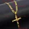 Verklig 24k gul fast fint Big Pendant 18ct Thai Baht G F Gold Jesus Cross Crucifix Charm 55 35mm Figaro Chain Necklace303H