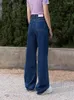 Kvinnors jeans amii 2024 Spring Cotton Women French Fashion Hollow High midja lösa breda benbyxor Dark Blue Denim 12240226