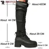 Bottes Genou bottes hautes femmes Cool Goth fermeture éclair conception poche à lacets talon épais haute qualité chaussures femme mode Popualr grande taille 45