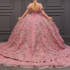 Pink Quinceanera Dresses Off The Shoulder 3DFlower Appliques Beads Vestidos De 15 Formal Elegent Princess Party Dress Sweet Ball Gown