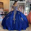 Blauwe glanzende prinses Quinceanera jurk baljurk uit de schouder partij jurk gouden stoffen kralen Sweet 16 verjaardag jurk vestidos de 15