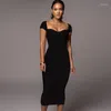 Casual Dresses Solid Ribbed Women Short Sleeve Off Shoulder Midi Dress Bodycon Sexy Streetwear Party Club Summer Clothes