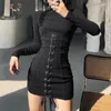 Robes décontractées insdoiit goth lace up up noire corset femmes streetwear esthétique vintage bodycon robe longue manche harajuku sexy fête