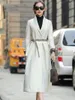 Women's Leather Jacket Office Lady White Sheepskin Down Coat Single Button Sashes V-Neck Long Elegant Autumn Winter Women Sl2024