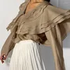 Kadın bluzları zarif v boyun katmanlı fırfırlı kadınlar 2024 bahar seksi sırtsız dantel üst pullover sonbahar uzun kollu katı ofis gömlek