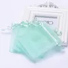 Entier-entier 9x12CM 100pcs / lot cordon Tiffany bleu sacs en organza faveur de mariage cadeau de Noël sacs d'emballage de bijoux 220j