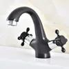 Rubinetti per lavandino del bagno Bronzo lucidato a olio nero Argento Cromo lucido Ottone Due maniglie Corss Rubinetto per lavabo Freddo / Miscelatore Anf475