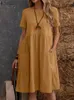 Partykleider Übergröße Damen Sommer Sommerkleid ZANZEA Elegant O Hals Kurzarm Solides Kaftan Kleid Lässig Lose Knielang Vestido Robe