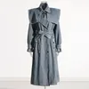 여성 트렌치 코트 2024 가을 기질 세련된 옷깃 끈 디자인 슬리밍 데님 코트
