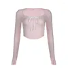 Mulheres Camisetas Darlingaga Coquette Rosa Malha Outono Camiseta Mulheres Lace Trim Slim Coreano Tops Curto Front Tie-Up Cutecore Doce Kawaii