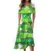 Freizeitkleider Damenmode St. Patrick's Day Print V-Ausschnitt Kurzarm Taille Langes Swingkleid