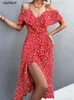 Feestjurken Elegante Bloemen Midi Jurk Vrouwen Zomer Sexy Backless Ruche Split Strand Casual Zwart Off Schouder Onregelmatige 2024