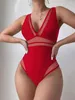 Damenbadebekleidung Sexy V-Ausschnitt Einteiliger Badeanzug Frauen Mesh Patchwork Solide Sport Sommer Strand Schwimmen Badeanzug Frau Monokini S-XL