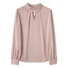 여성용 블라우스 Qoerlin Koerlin Korean Elegant Chiffon / Satin Tops Blouse Women Spring Fall Long Sleeve 느슨한 캐주얼 스탠드 칼라 검은 셔츠