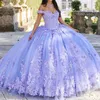 Abito stile Quinceanera con spalle scoperte lilla 2024 Paillettes voluminose Baile Applique in pizzo Tulle Abiti da ballo Abiti 15 De Gown