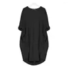 Casual Dresses Autumn Solid Color Dress Women 2024 Fahsion Pocket O Neck Long Sleeve Loose Vintage Female Plus Size Midi