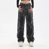 Jeans da donna High Street Hip Hop Nero Donna Streetwear Pantaloni oversize con catena vintage Tie Dye Pantaloni dritti a gamba larga casual alla moda