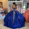 Blauwe glanzende prinses Quinceanera jurk baljurk uit de schouder partij jurk gouden stoffen kralen Sweet 16 verjaardag jurk vestidos de 15