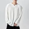 Moda masculina minimalista e versátil com decote em v pit stripe manga comprida elástica sólida casual solta camiseta de grandes dimensões 240131