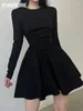 Casual Dresses IAMSURE Basic Solid Slim A-Line Dress Autumn Winter O-Neck Long Sleeve Pleated Mini For Women 2024 Lady Underwear