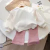 Kledingsets Kanten sweatshirt voor meisjes Babymode Print Lange mouwen Tops 2024 Herfst O-hals Losse trui Roze Slanke uitlopende broekpak