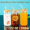 Copas de vino de 12 onzas para beber con tapas de bambú, pajitas, vasos de vidrio de borosilicato, café helado transparente alto para jugo de batido