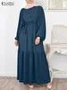 Ethnische Kleidung ZANZEA Elegantes langes Puffärmel-Muslim-Hemdkleid Damen Lässiges Jilbab-Sommerkleid mit Gürtel Übergroßer Hijab-Kaftan Islamisch