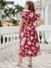 Vestidos Casuais Básicos GIBSIE Plus Size Floral Impressão Borboleta Manga Cintura Cinto Vestido para Mulheres Bohemian Verão Vneck Cintura Alta Aline Holiday Long Dre J240130