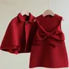 Flicka klänningar 1-12 år barn kläder mode prinsessa röd ull kappklänning 2 st.