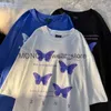 Men's T-Shirts Summer Y2k Aesthetic Purple Butterfly Fashion Letter Graphic T Shirts Oversized Short Sleeve Cotton Tee Harajuku Women ClothingH2421