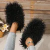 2024 Fashion Designer Women Fur Slippers Genuine Leather Cotton Fabric Straw Mules Female White Black metal chain Casual Flat Shoes Slippers