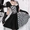 Casual Dresses Goth Black Short Sleeve Plaid A-Line Party For Women Y2K Vintage Sexig Off Shoulder High midja miniklänning Lolita