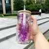 DIY-cadeaus voorgeboorde sublimatie 12oz sneeuwbol helder dubbelwandig BPA-vrij bierglas past op 3 mm glitter met bamboe deksel en rietje voor ijskoffie, frisdrank