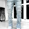 Nya herrar denim raka ben byxor street mode ins elastiska lapp jeans byxor för man kläder kläder