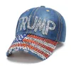 USA Flag Trump 2024 Casquette de baseball Chapeau de fête Campagne électorale Casquettes de cowboy Réglable Snapback Femmes Denim Diamant Chapeaux 9 styles 564Q