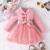 Girl Dresses 0-5Y Baby Girls Autumn Dress Kids Long Sleeve Blazer Patchwork Tulle Ball Gown With Belt Children Fashion Clothing