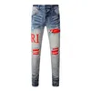 Usa Hip Hop Men Slim Fit Pants Designer Old Light Blue Hole Patch Micro Elastic Jean Man Plus Size Amiryes