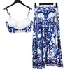 Vestidos de trabalho verão bohemain azul e branco porcelana 2 peças conjunto feminino cinta de espaguete acolchoado copo tanque camis tops imprimir saia longa terno